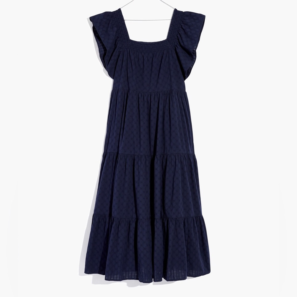 Madewell size Small Ruffle-Sleeve Tiered Midi Dress in Textured Navy Blue Check